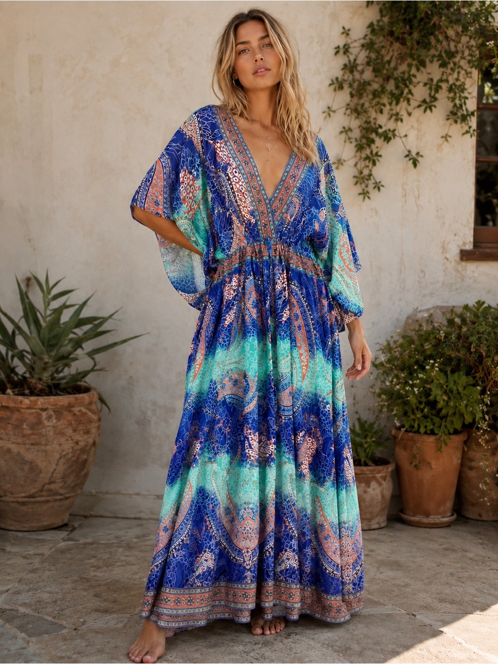Boho V-Neck Maxi Dress in Blue & Teal
